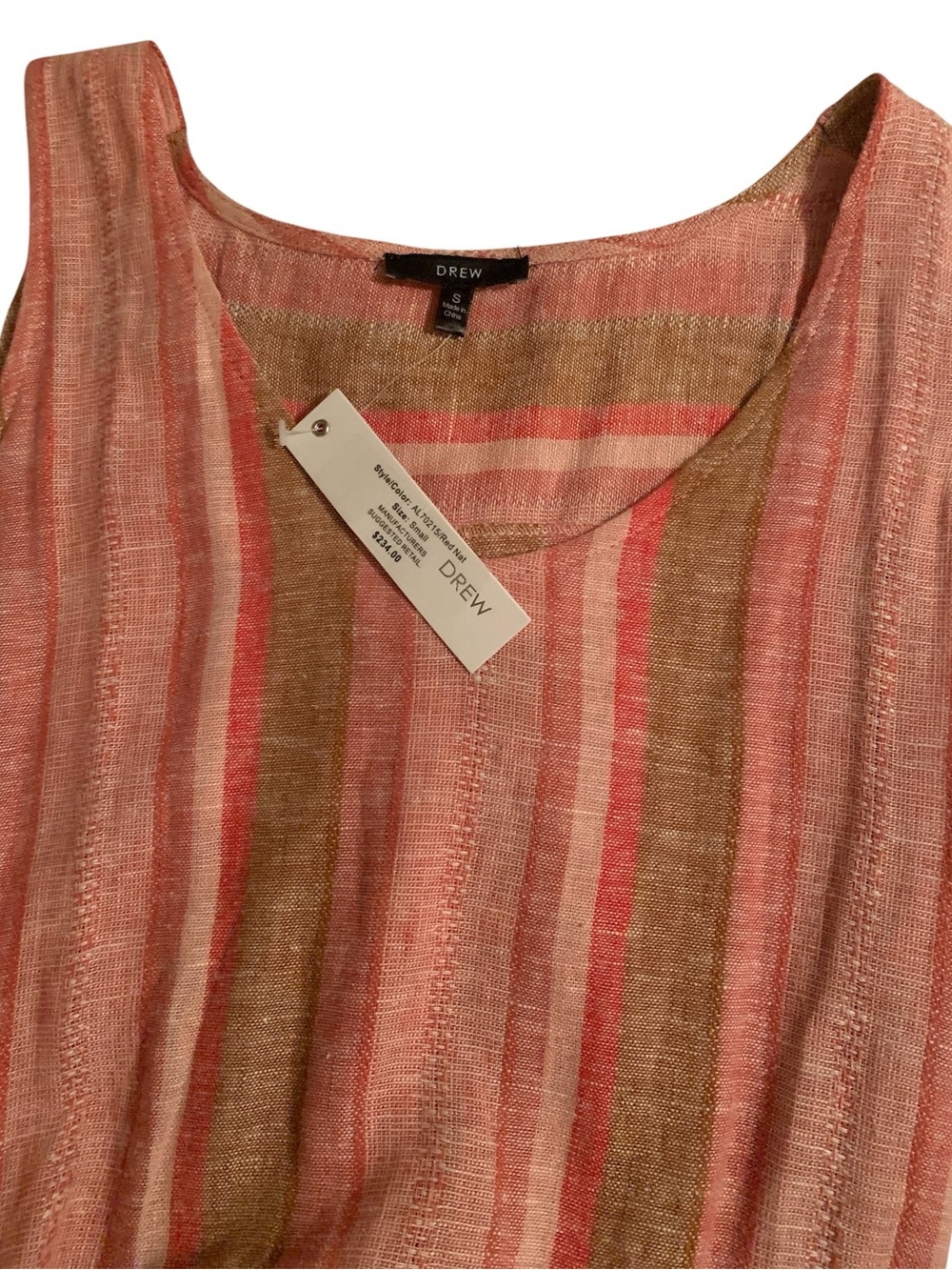 NWT DREW Morgan Tie Wrap Linen Blend Pink and Brown Striped Dress S